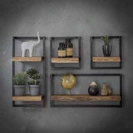 BelaLuz Landelijke wandplank Orlando set 1 acaciahout met zwart frame