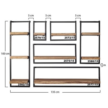 BelaLuz Landelijke wandplank Orlando set 2 acaciahout met zwart frame