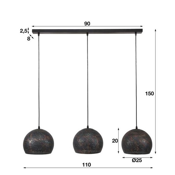 BelaLuz Industriële - Hanglamp - Zwart / bruin - 3 lichts 25 cm - Cambal