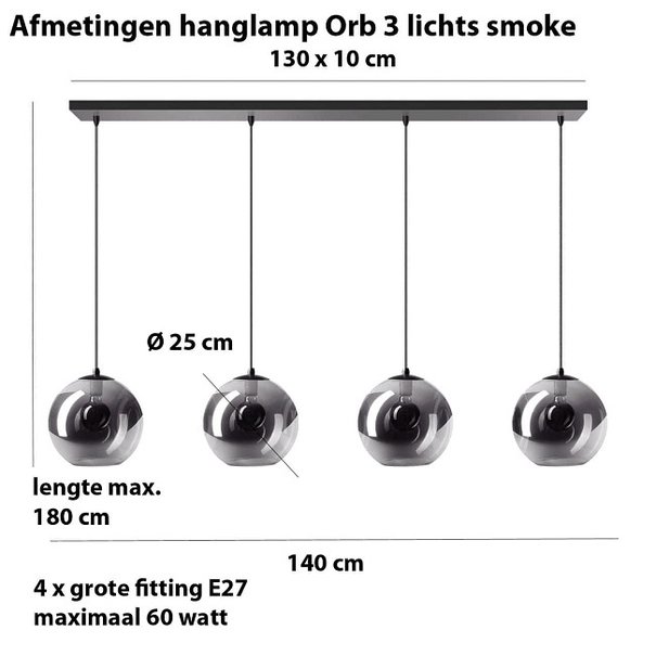 ETH Moderne - Hanglamp - Zwart - Smoke glas - 4 lichts - Ø25 cm - Orb