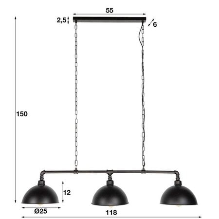BelaLuz Industriële hanglamp Pipe 3-lichts zwart