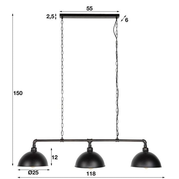 BelaLuz Industriële - Hanglamp - Zwart - 3 lichts - Pipe