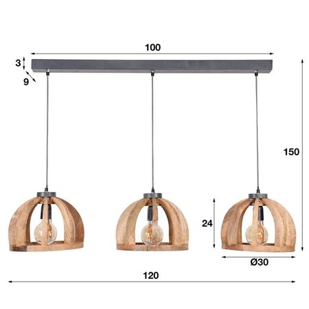 BelaLuz Landelijke hanglamp Fay 3-lichts bruin
