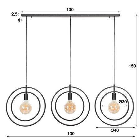 BelaLuz Industriële hanglamp Ozon 3-lichts charcoal