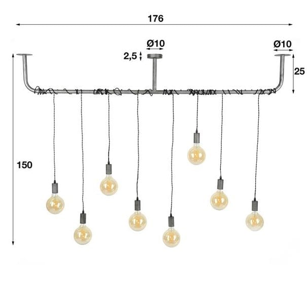 BelaLuz Industriële - Hanglamp - Oud zilver - 8 lichts - Pipe