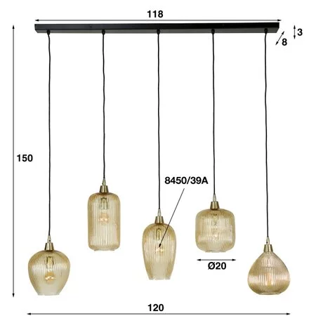 BelaLuz Hanglamp Clasi 5-lichts goud met amber glas
