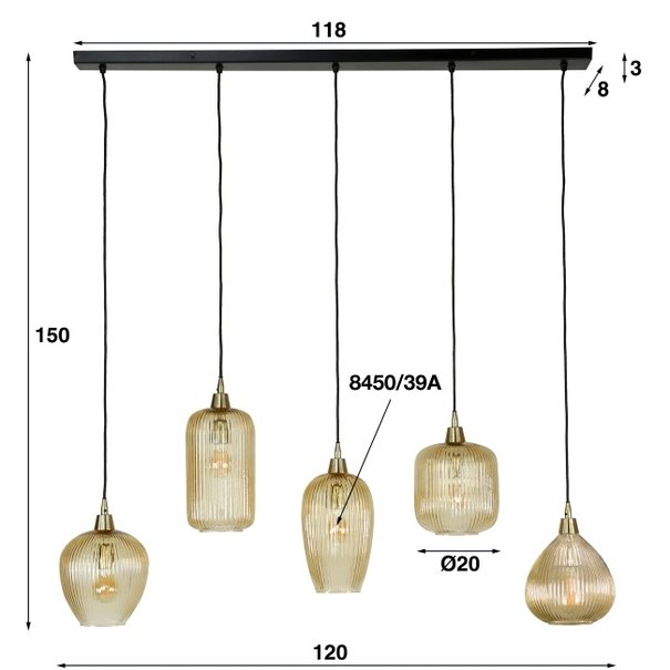 BelaLuz Design - Moderne - Hanglamp - 5 Lichts - Amber Glas - Clasi