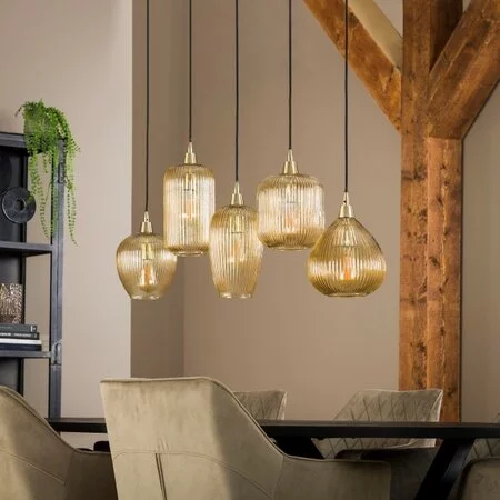 BelaLuz Hanglamp Clasi 5-lichts goud met amber glas