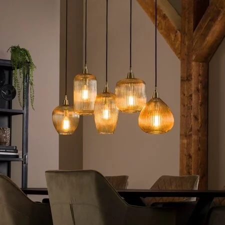 BelaLuz Hanglamp Clasi 5-lichts goud met amber glas