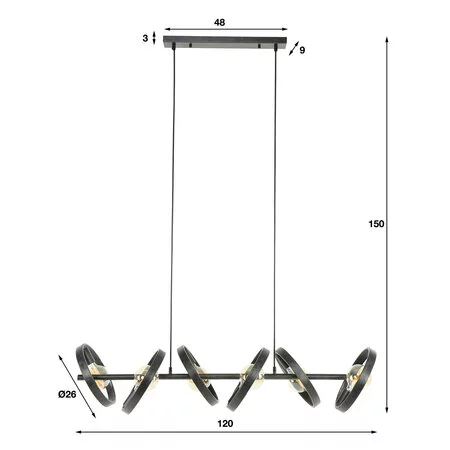 BelaLuz Moderne Industriële hanglamp Hera 6-lichts charcoal