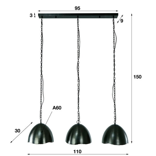 BelaLuz Industriële - Hanglamp - Zwart nikkel - 3 lichts - Glenzi