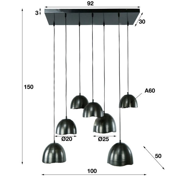 BelaLuz Industriële - Hanglamp - Zwart nikkel - 7 lichts - Glenzi