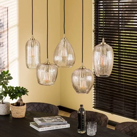 BelaLuz Hanglamp Clasi 5-lichts goud met diamant glas