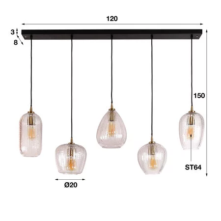 BelaLuz Hanglamp Clasi 5-lichts goud met diamant glas