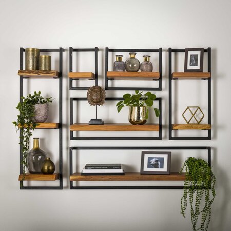 BelaLuz Landelijke wandplank Orlando set 2 acaciahout met zwart frame