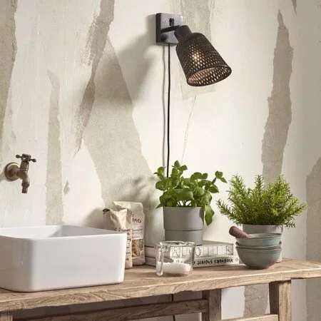 GOOD & MOJO Landelijke Stoere wandlamp Java 1-lichts zwart riet