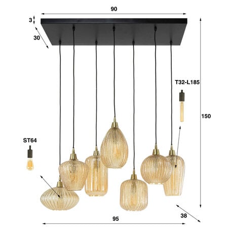 BelaLuz Hanglamp Dresa 7-lichts goud met amber glas