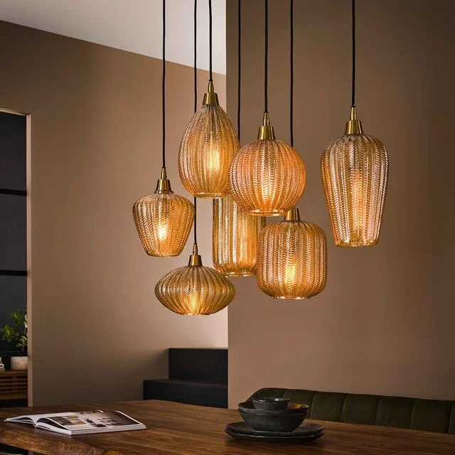 Hanglamp Dresa 7-lichts goud amber glas