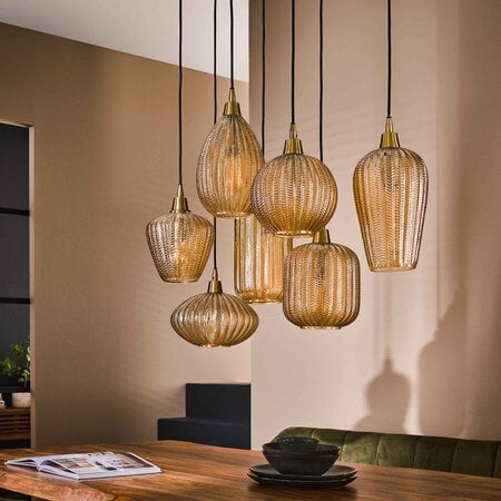 BelaLuz Hanglamp Dresa 7-lichts goud met amber glas