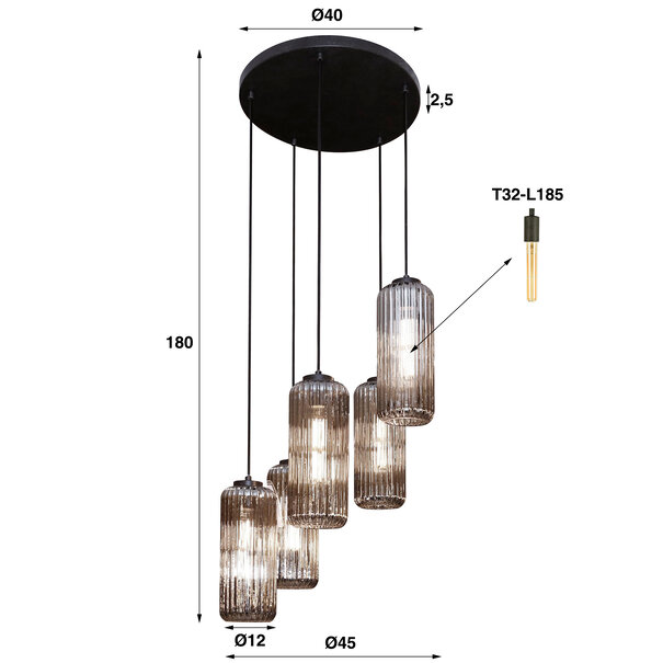 BelaLuz Industrieel - Modern - Hanglamp - 5 lichts - Charcoal  - Ribs