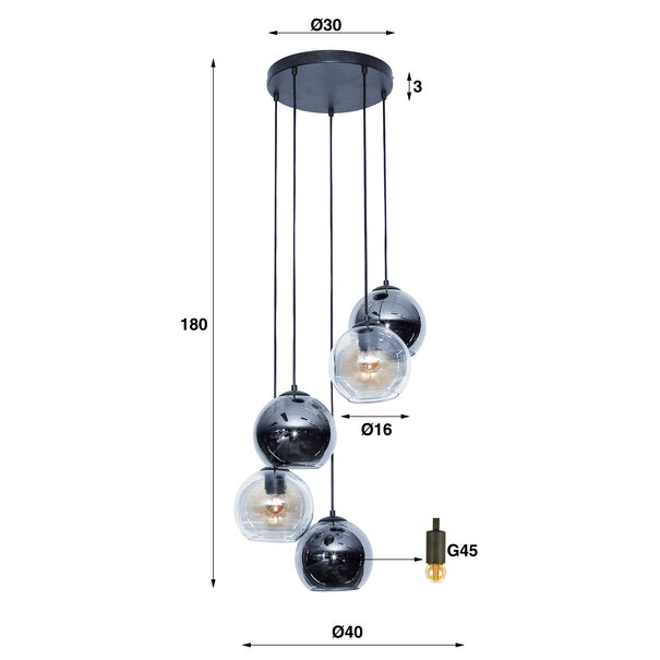 BelaLuz Moderne - Hanglamp - 5 lichts - Smoke - Helder - Mist