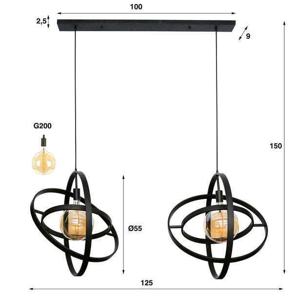 BelaLuz Industrieel - Moderne - Hanglamp -  2 lichts - 125 cm - Artic