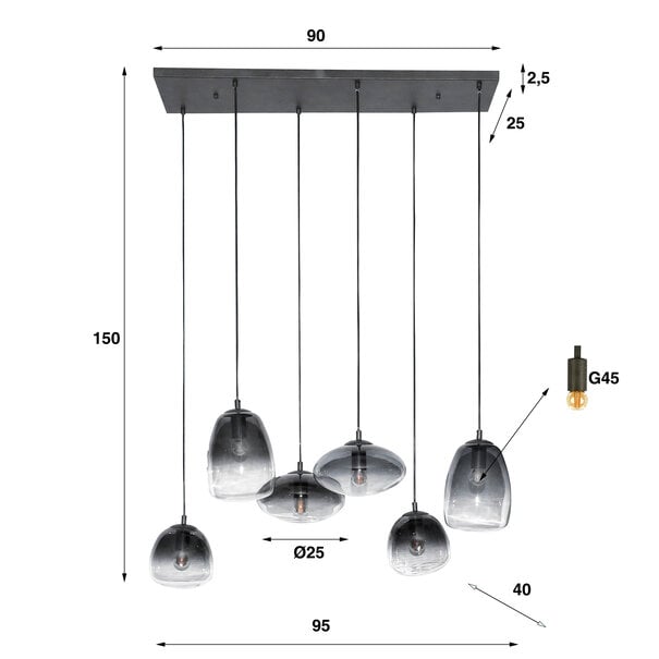 BelaLuz Moderne - Hanglamp - Smoke glas - 6 lichts - Prismo