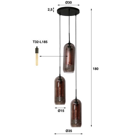 BelaLuz Industriële Vintage hanglamp Mistral 3-lichts getrapt met smoke glas