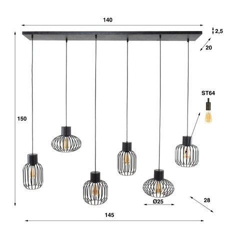 BelaLuz Industriële hanglamp Madley 6-lichts charcoal