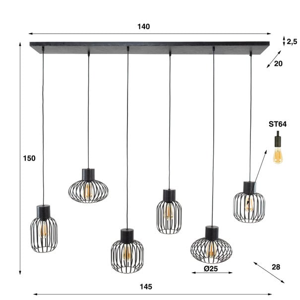 BelaLuz Industriële - Hanglamp - 6 lichts - Charcoal - Madley