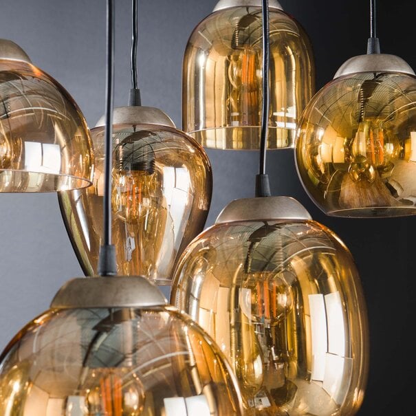 BelaLuz Industriële - Hanglamp - 7 lichts - Charcoal  - Amber Glas - Vetro