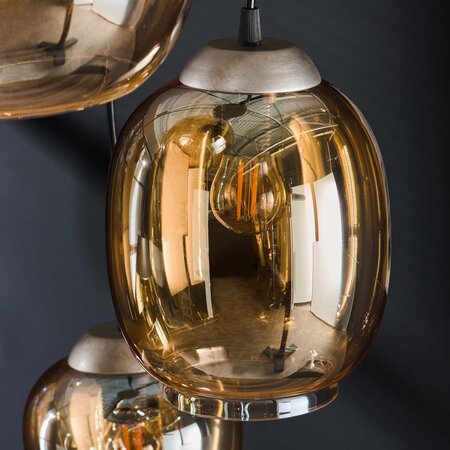 BelaLuz Industriële hanglamp Vetro 5-lichts charcoal met amber glas