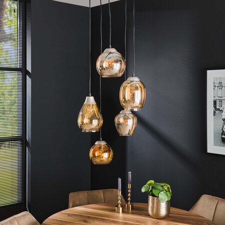 BelaLuz Industriële hanglamp Vetro 5-lichts charcoal met amber glas