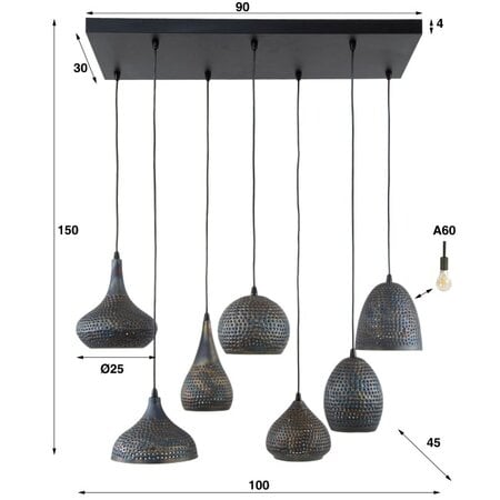 BelaLuz Industriële hanglamp Cambal 7-lichts zwart bruin
