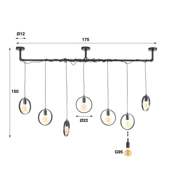 BelaLuz Industriële  - Hanglamp - Charcoal - 7 Lichts - Spark