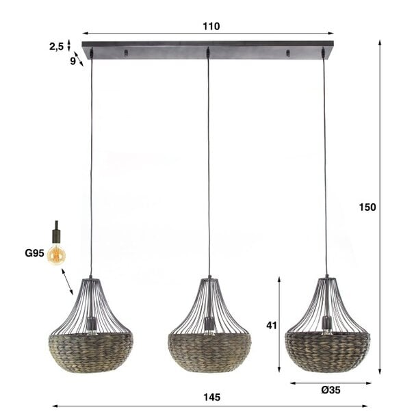 BelaLuz Landelijke - Industriële - Hanglamp - 3-lichts - Zwart Nikkel - Trenzando