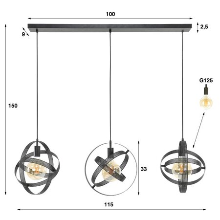 BelaLuz Industriële hanglamp Cosmo 3-lichts charcoal