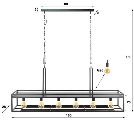 BelaLuz Industriële Moderne Hanglamp Baro 6-lichts Bar Lamp charcoal