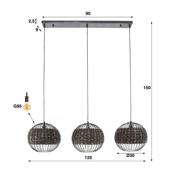 BelaLuz Industriële - Hanglamp - 3-lichts - Zwart Nikkel - Bol - Trenzando