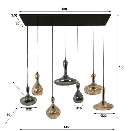 BelaLuz Design hanglamp Wine 7-lichts met amber en smoke glazen