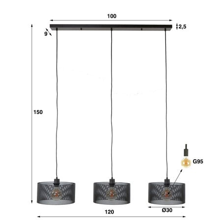 BelaLuz Industriële Vintage hanglamp Mite 3-lichts charcoal