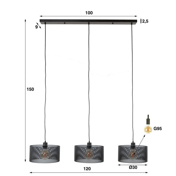 BelaLuz Industriële - Vintage - Hanglamp - 3 lichts - Charcoal - Mite