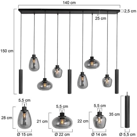 Steinhauer Design Hotel Chique hanglamp Reflexion 9-lichts zwart met smoke glas