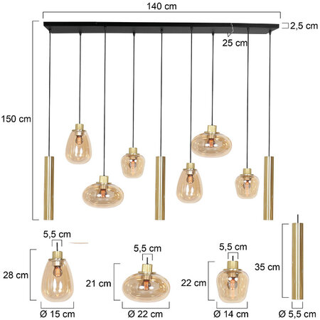 Steinhauer Design Hotel Chique hanglamp Reflexion 9-lichts goud met amber glas