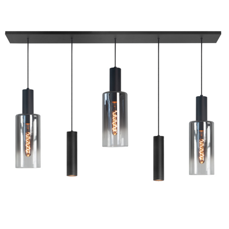 Highlight Moderne hanglamp Perugia 5-lichts Kokers zwart met smoke glas
