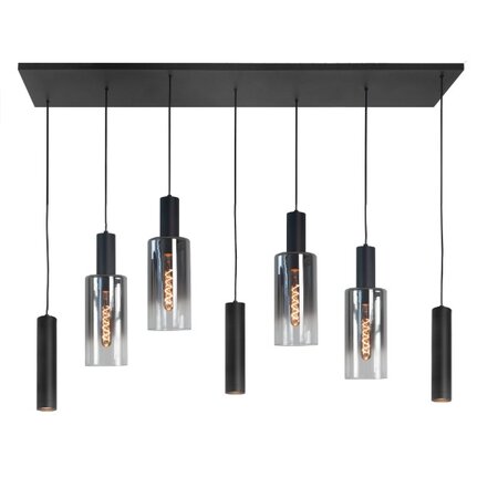 Highlight Moderne hanglamp Perugia 7-lichts Kokers zwart met smoke glas