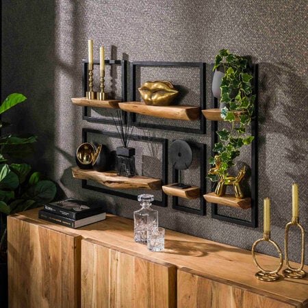 BelaLuz Wandplank Kayne 5 set zwart metaal met acaciahout