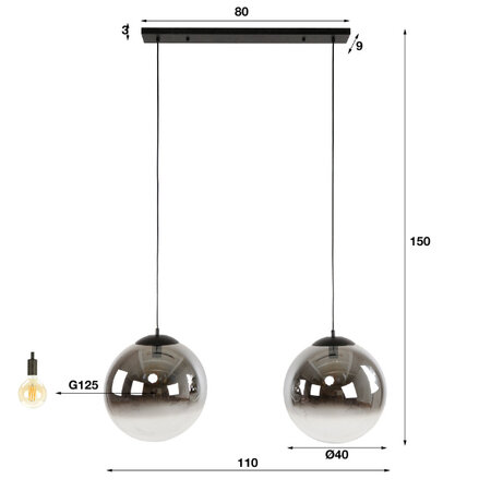 BelaLuz Moderne Hotel Chique hanglamp Midas 2-lichts charcoal met smoke glas