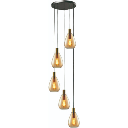 Freelight Hotel Chique hanglamp Dorato 5-lichts getrapt goud met amber glas