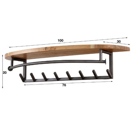 BelaLuz Landelijke kapstok Curve 8 haken hoedenplank acaciahout